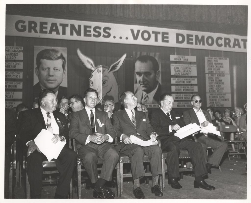 Democratic presidential campaign event, Otto Kerner, Richard J. Daley, Adlai E. Stevenson II and others review candidate lists