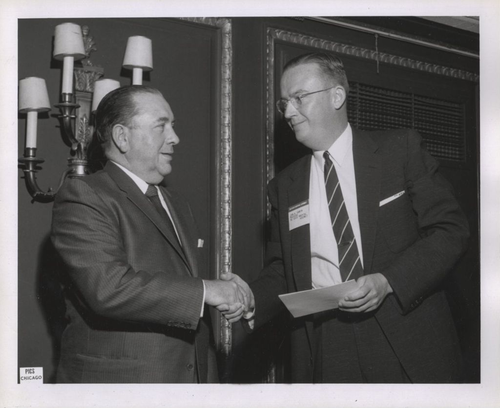 Miniature of Richard J. Daley with the President of the Tri-State Hospital Assembly
