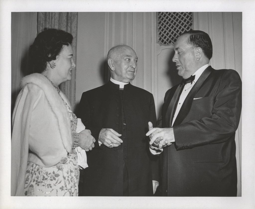 Eleanor and Richard J. Daley with Archbishop Sheil at a dinner in Sheil's honor