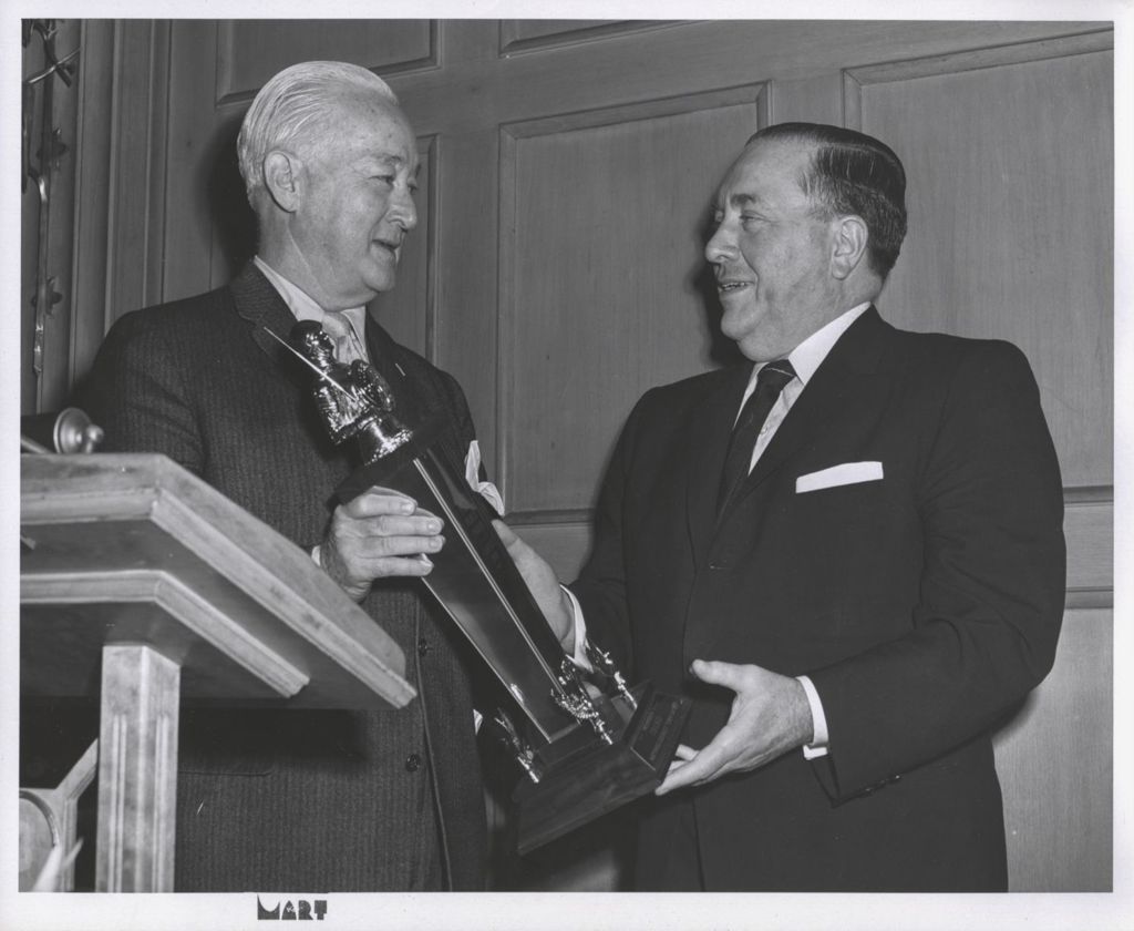 Miniature of Richard J. Daley accepts a "Cleanest Town" trophy