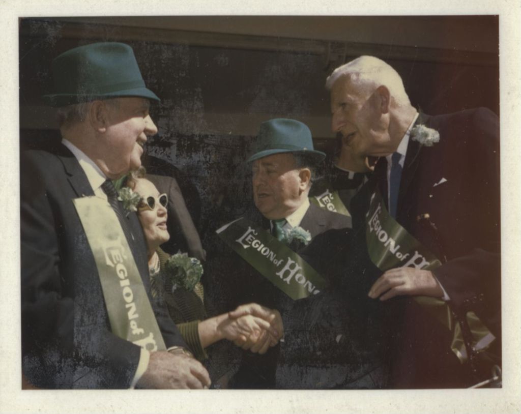 St. Patrick's Day Parade reviewing stand, Eleanor and Richard J. Daley with Senator Douglas