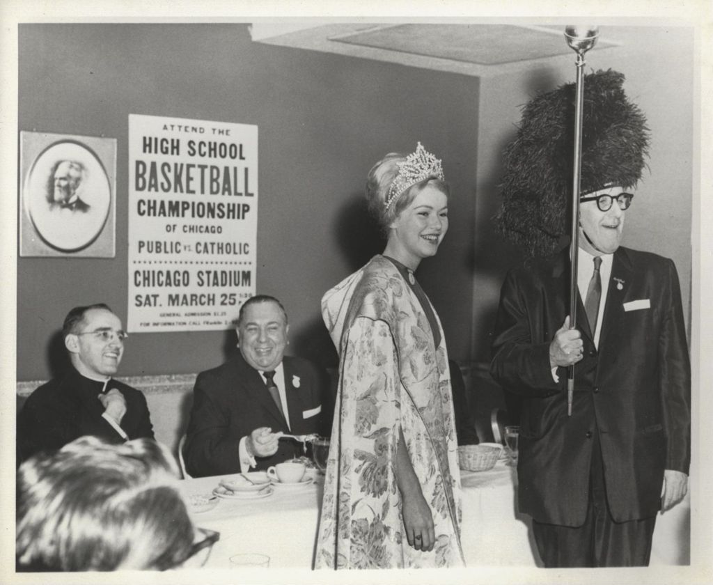 Miniature of Stephen Bailey, Richard J. Daley, and a beauty queen at a dining event