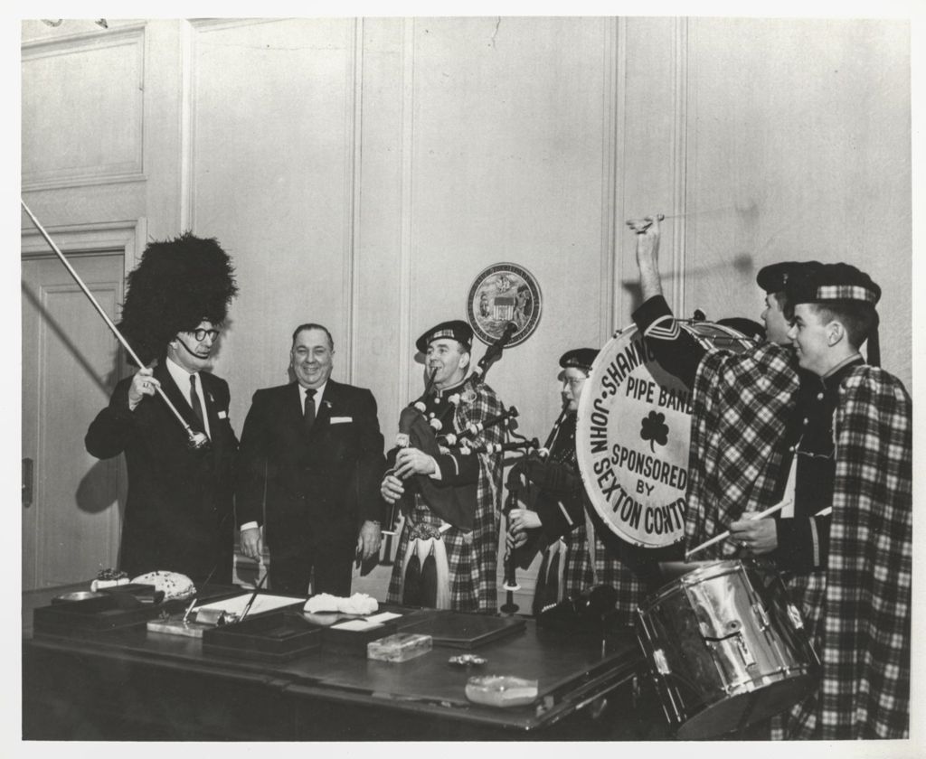 Stephen Bailey and Richard J. Daley with the Shannon Rovers Pipe Band at City Hall