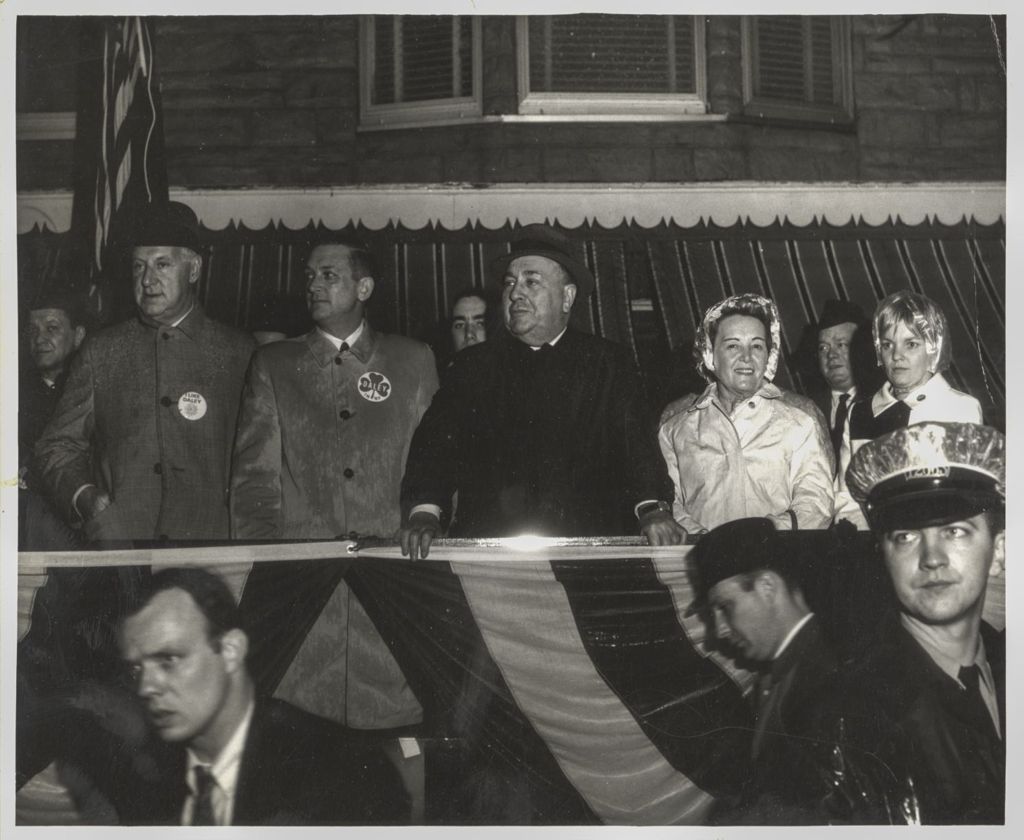 Parade review stand with Richard J. Daley, Eleanor Daley and others