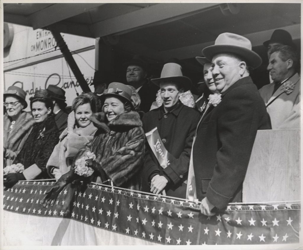 St. Patrick's Day Parade reviewing stand, Eleanor and Richard J. Daley with others