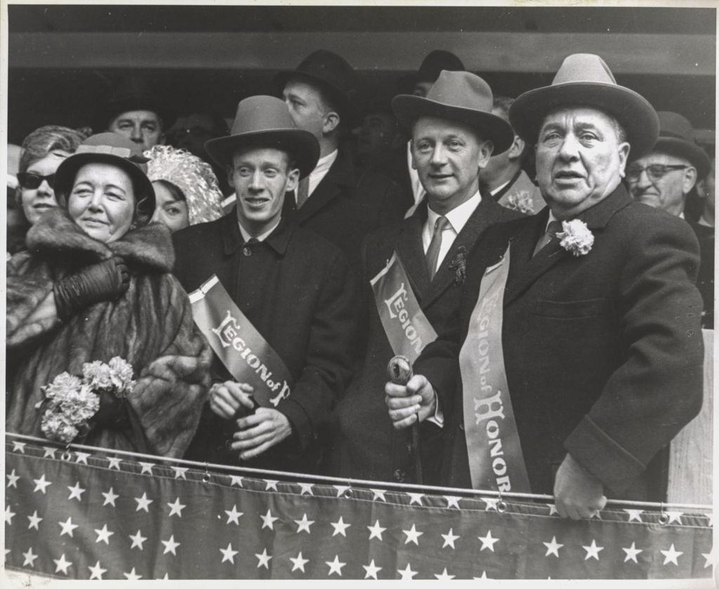 Miniature of St. Patrick's Day Parade reviewing stand, Eleanor and Richard J. Daley with guests