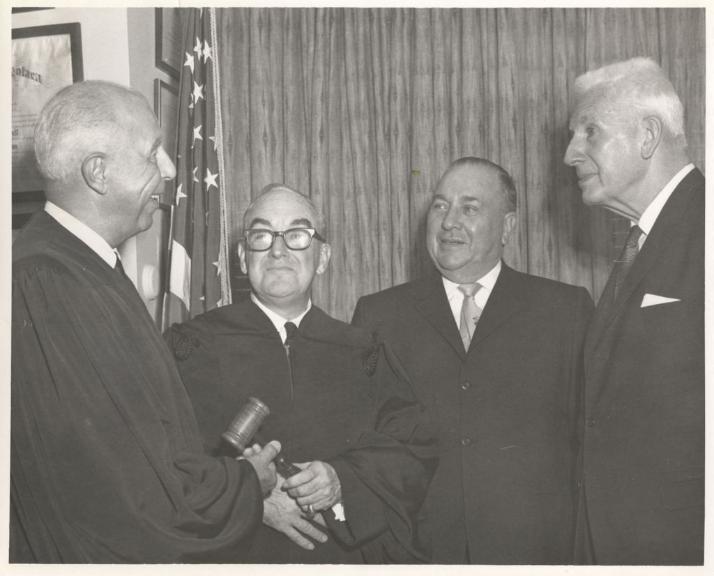 Miniature of Richard J. Daley with Judge Campbell, Judge Lynch and Senator Douglas