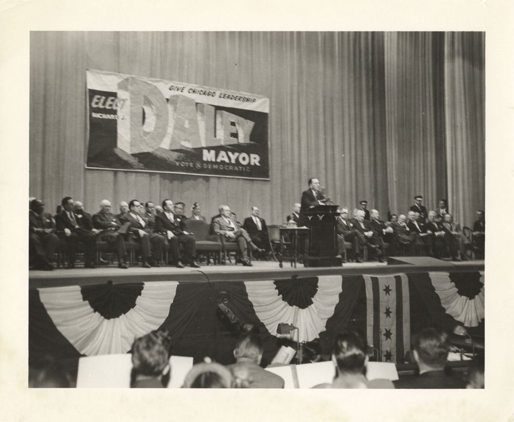 Miniature of Richard J. Daley speaking at a re-election campaign rally