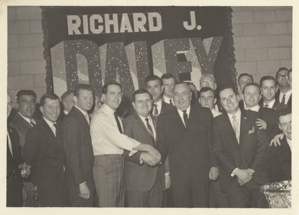 Miniature of Richard J. Daley with supporters at an election campaign event