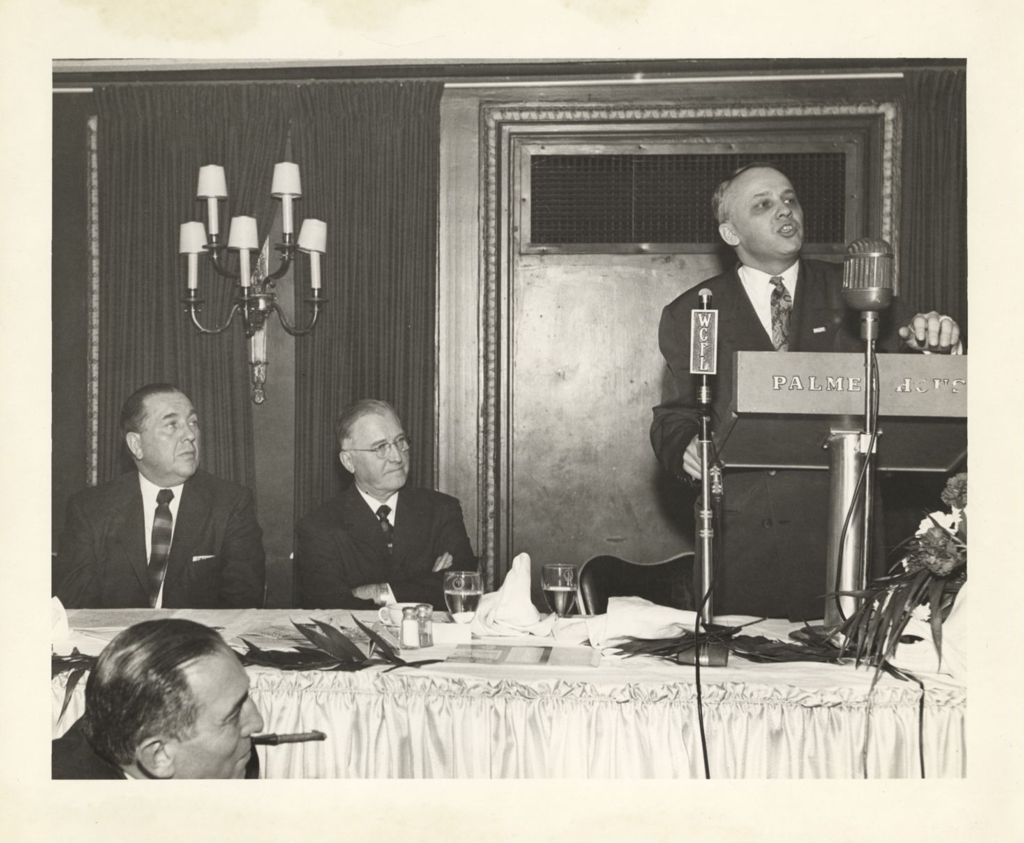 Miniature of Richard J. Daley listens to Judge Will speak at a banquet