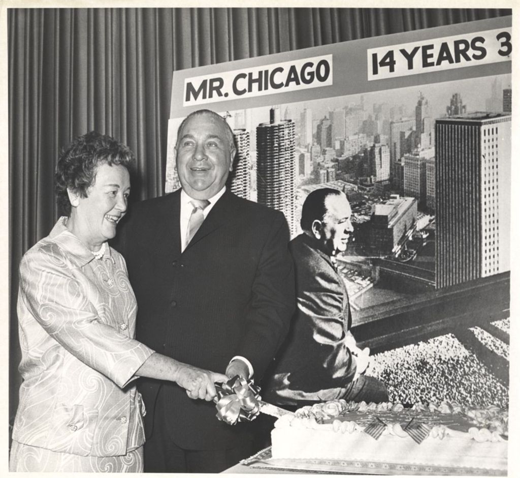 Miniature of Celebration of 14 years of mayorship, Richard J. and Eleanor Daley cutting a cake