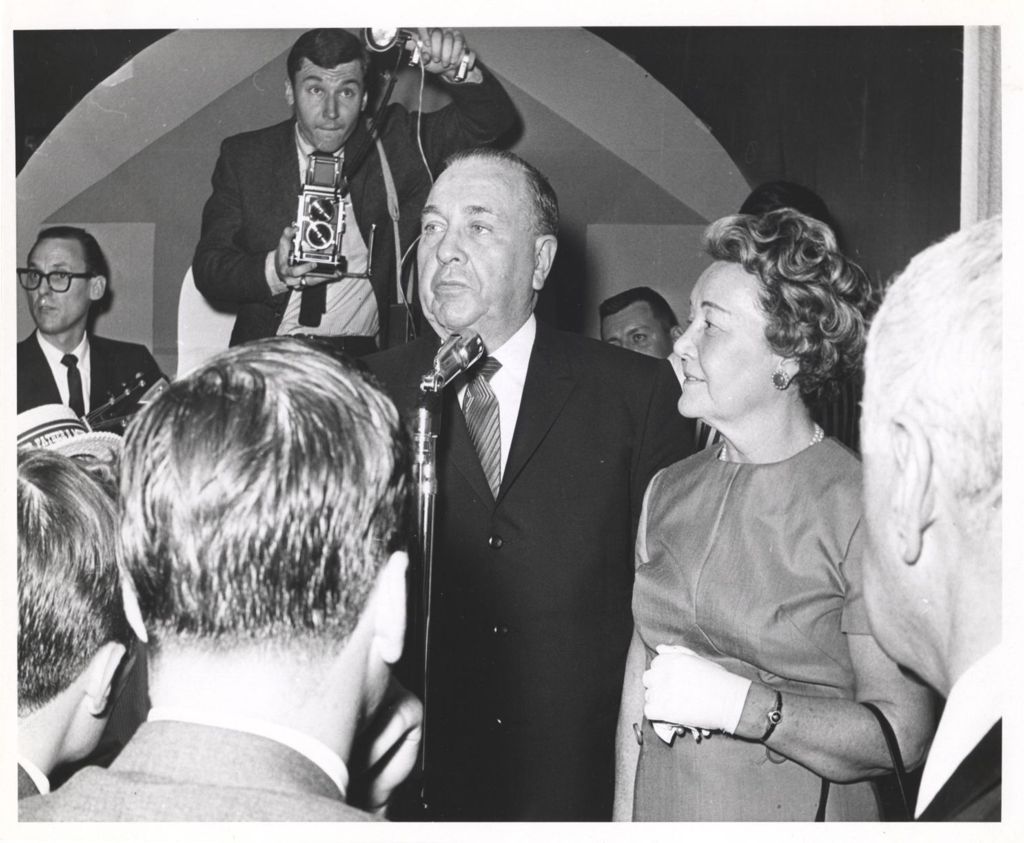 Richard J. Daley speaking to reporters at an event