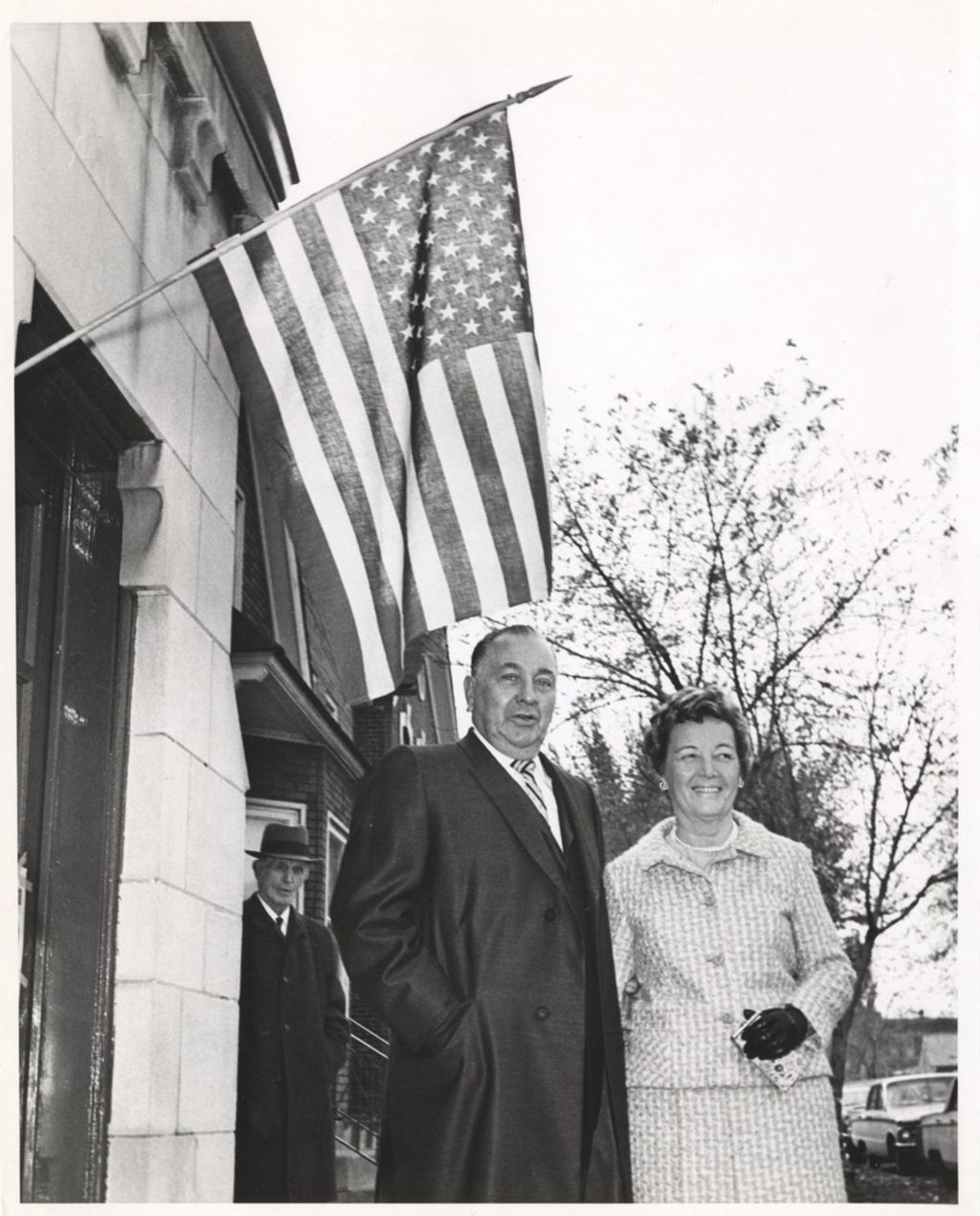 Richard J. Daley and Eleanor Daley outside the 11th Ward polling place