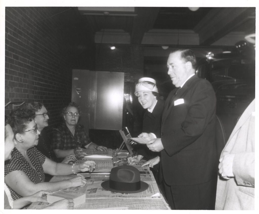 Miniature of Richard J. Daley and Eleanor Daley at the polls on election day