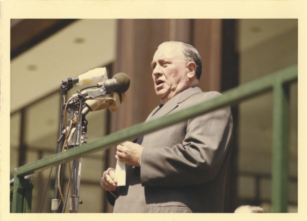 Miniature of Richard J. Daley giving a speech outdoors