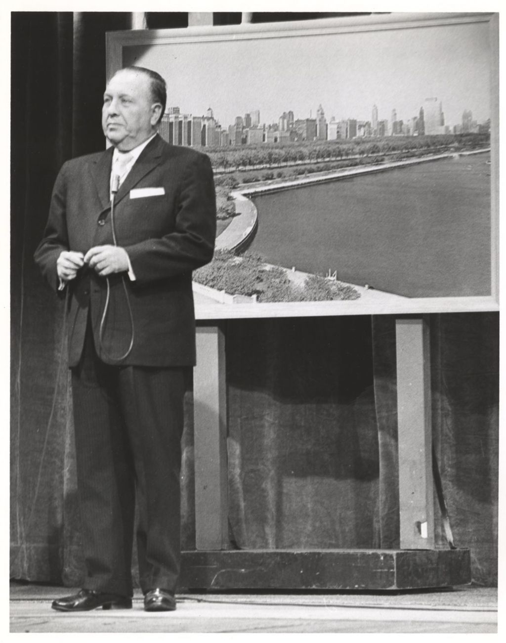 Miniature of Richard J. Daley with a photo of the Chicago lakefront