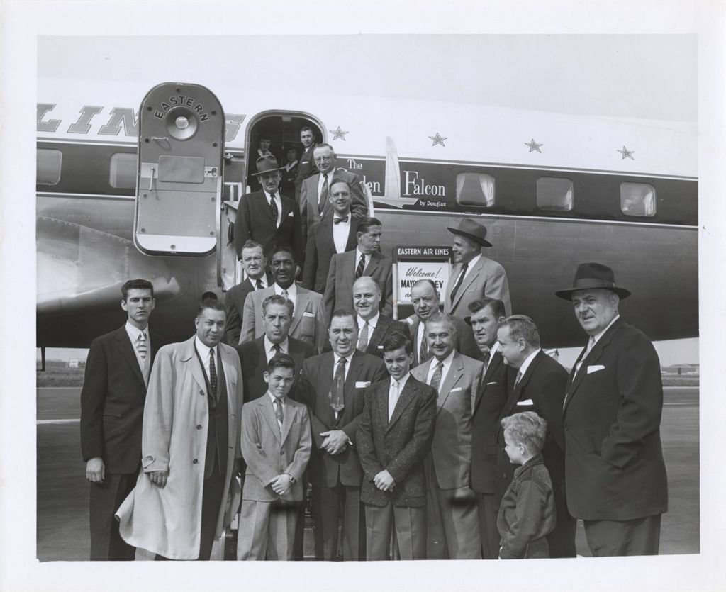 Opening of St. Lawrence Seaway, Richard J. Daley beside airplane
