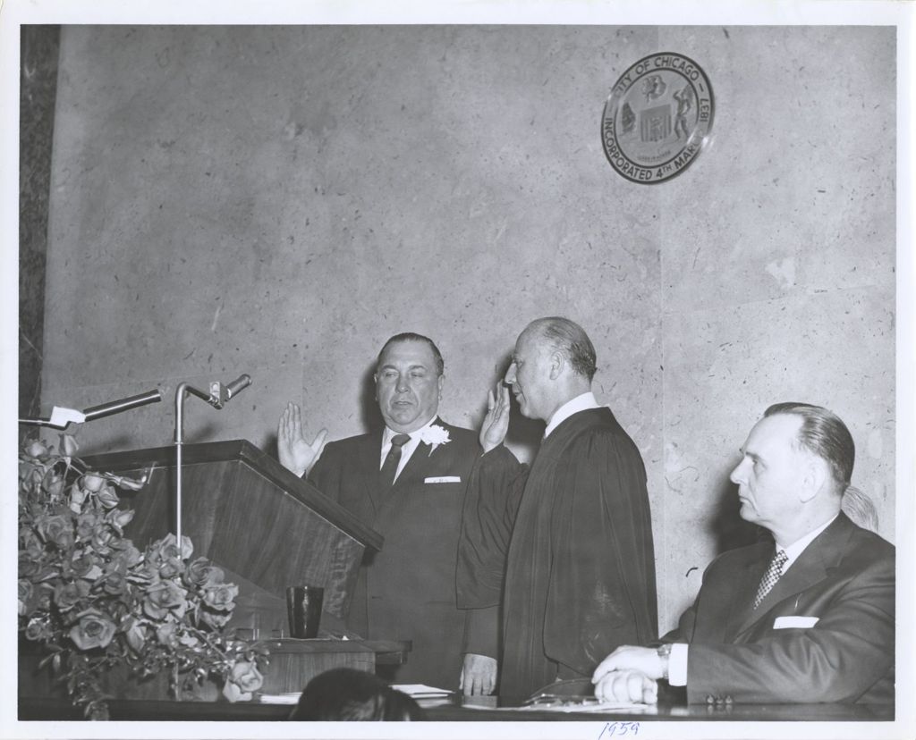 Miniature of Judge Marovitz swearing in Richard J. Daley as Mayor of Chicago