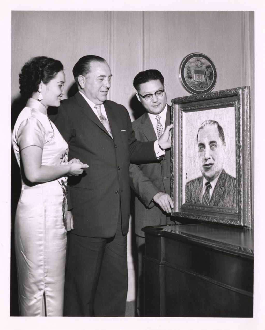 Miniature of Richard J. Daley and others with gift portrait
