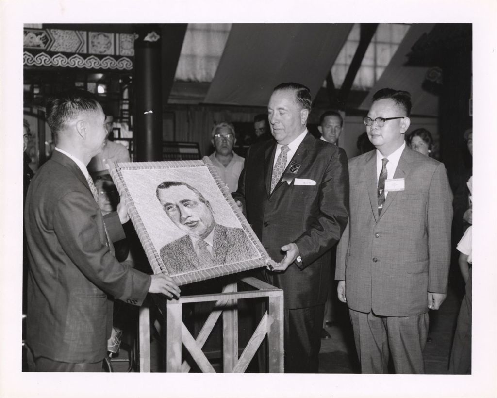 Richard J. Daley accepting portrait, Chicago International Trade Fair