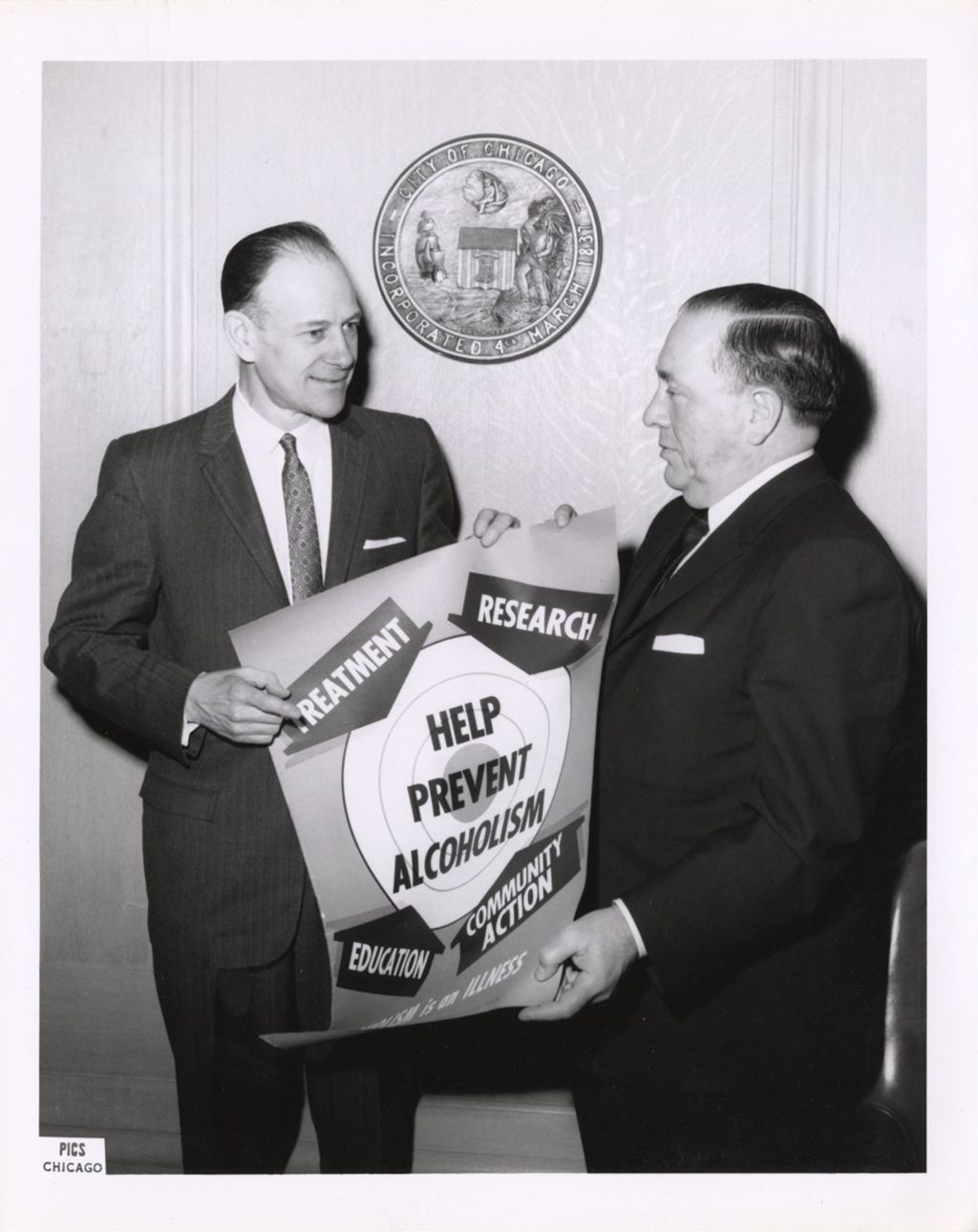 Richard J. Daley with alcoholism prevention poster