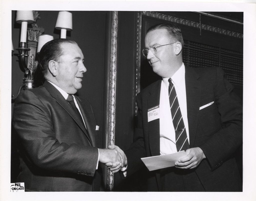 Miniature of Richard J. Daley with the President of the Tri-State Hospital Assembly