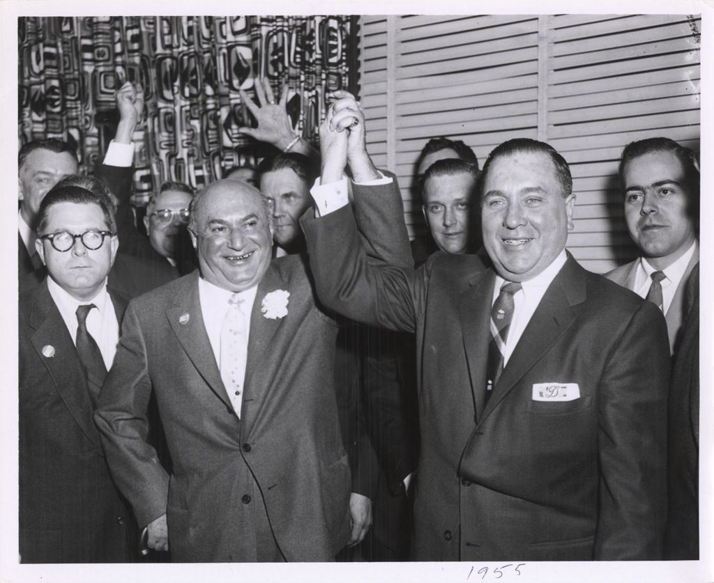 Richard J. Daley and Morris B. Sachs celebrate Daley mayoral victory