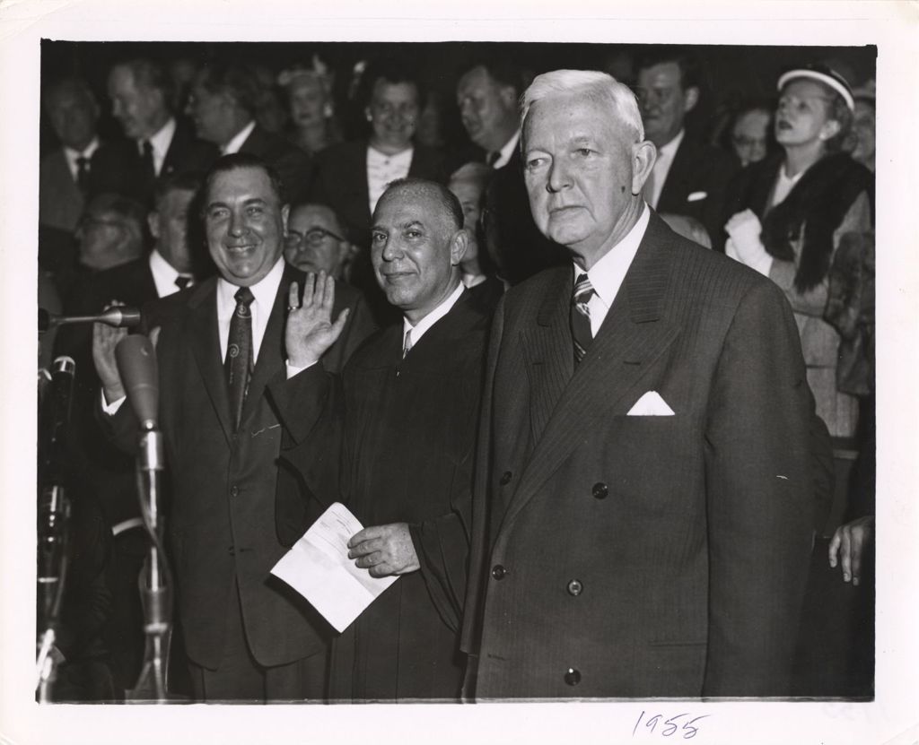 Miniature of Richard J. Daley, Judge Marovitz and Kennelly at mayoral inauguration
