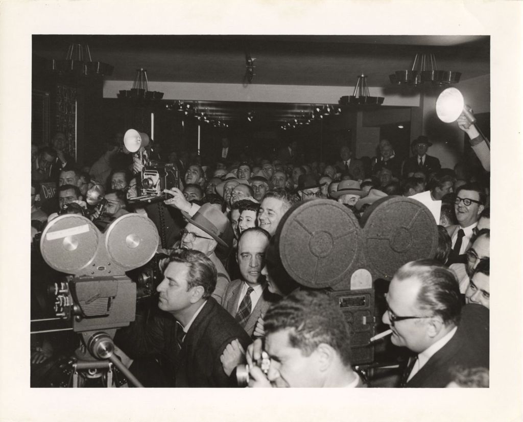 Crowd of reporters at Daley's first election to mayor