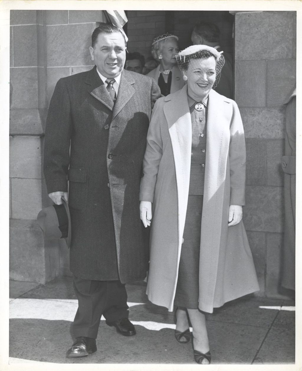 Richard J. Daley and Eleanor Daley outside 11th Ward polling place