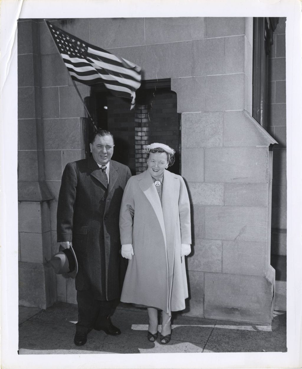 Miniature of Richard J. Daley and Eleanor Daley outside 11th Ward polling place