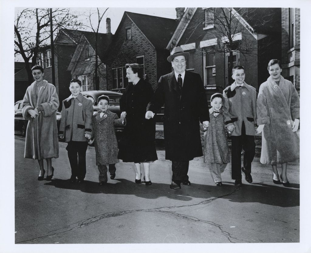 Miniature of Mayoral candidate Richard J. Daley going to the polls with his family