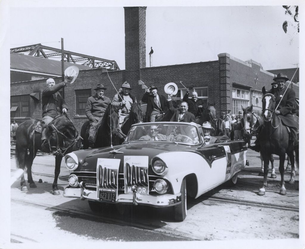 Richard J. Daley in campaign car at Stockyards rally