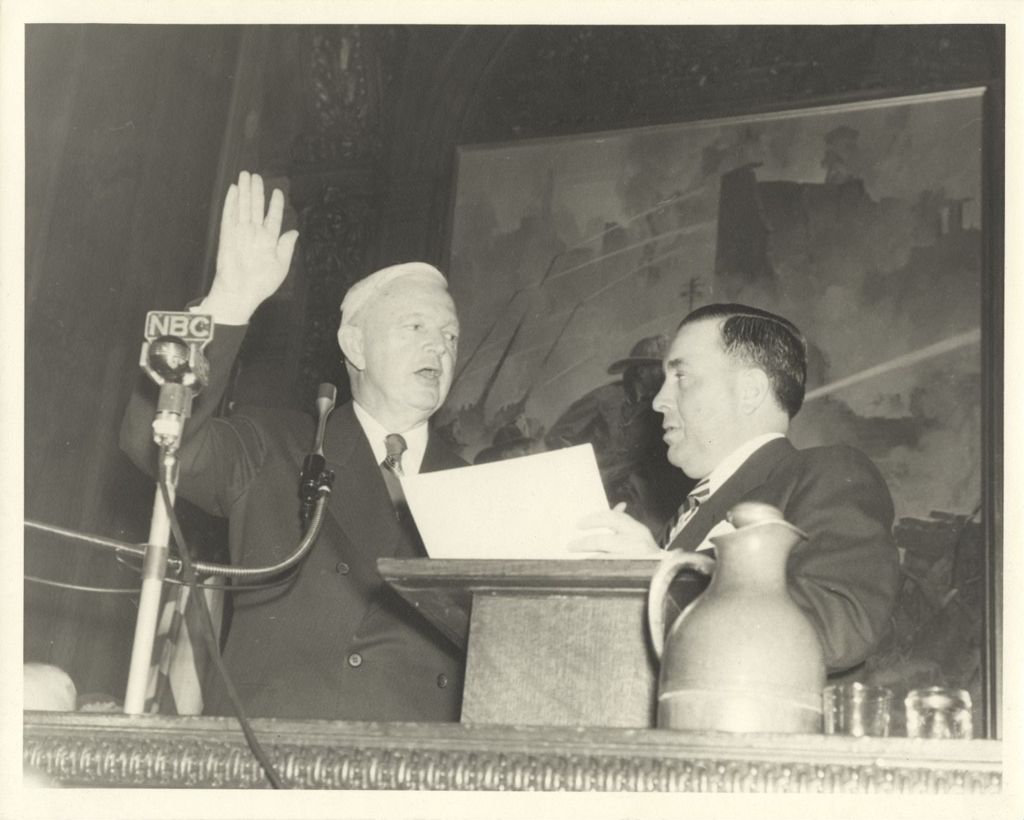 Miniature of Richard J. Daley swearing in Mayor Martin Kennelly