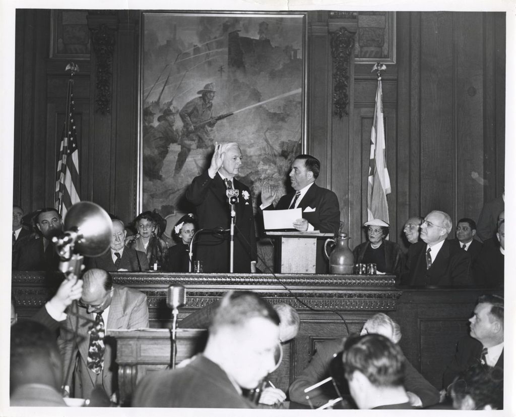 Richard J. Daley swearing in Martin Kennelly as Mayor