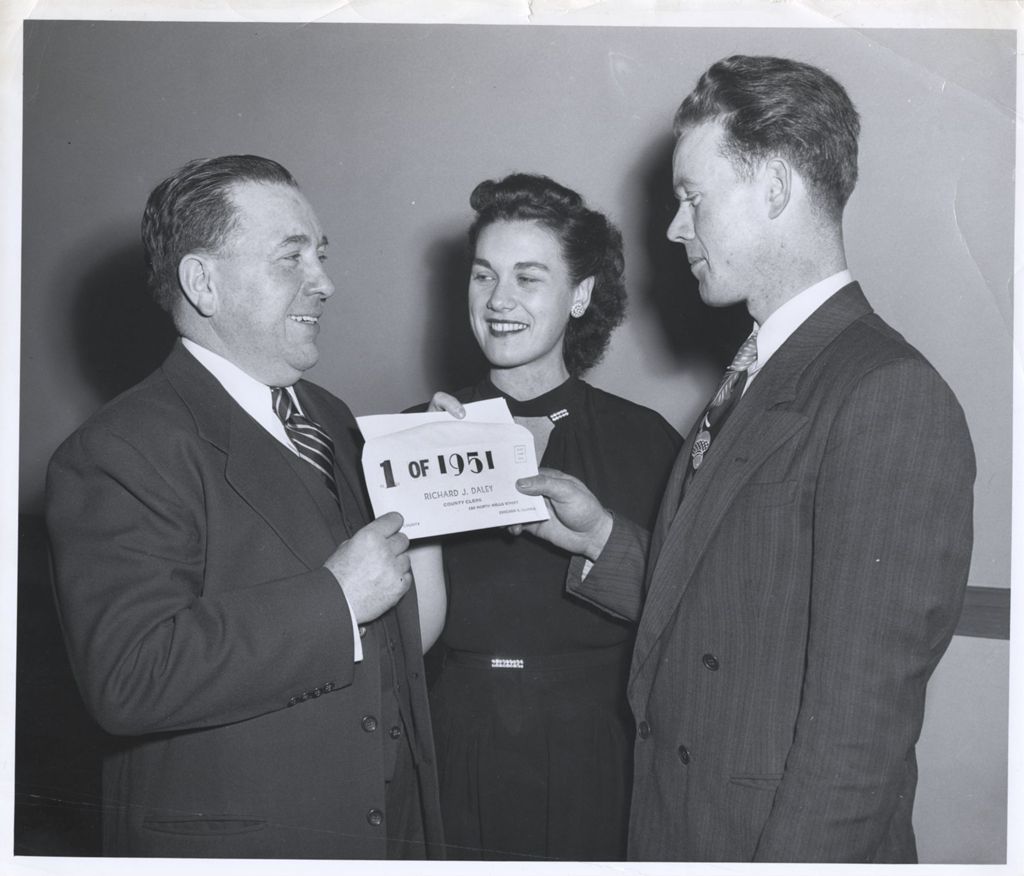 Miniature of Richard J. Daley with the first couple to be married in 1951