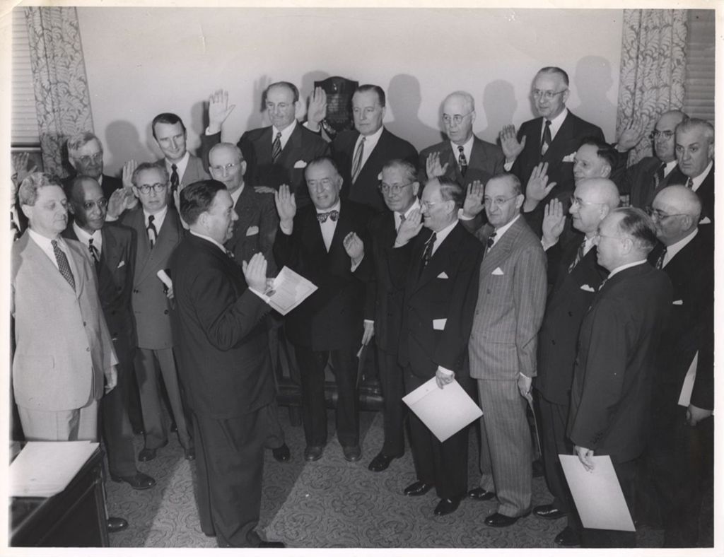 Miniature of Richard J. Daley swearing in a group of judges