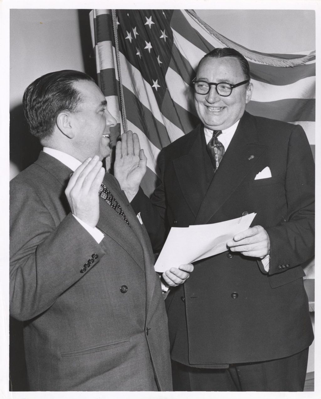 Miniature of Richard J. Daley administers oath to William N. Erickson