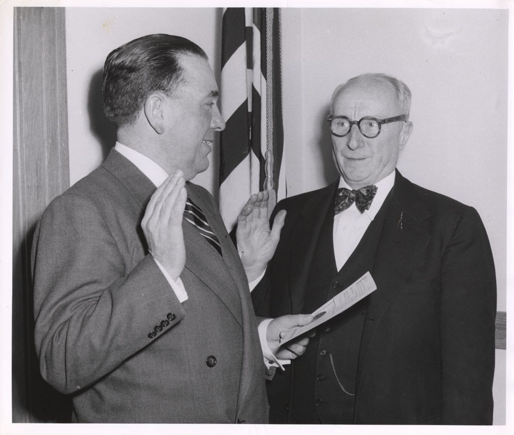 Miniature of Richard J. Daley swearing in Judge Edmund Jarecki