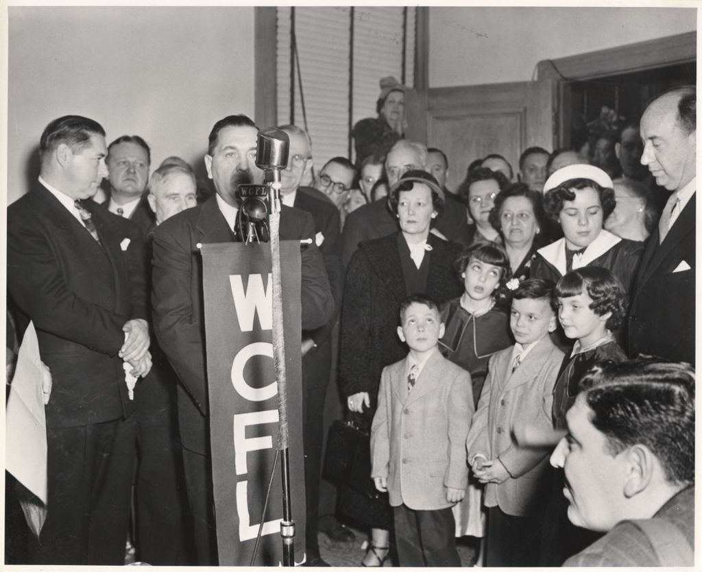 County Clerk installation, Richard J. Daley at microphone
