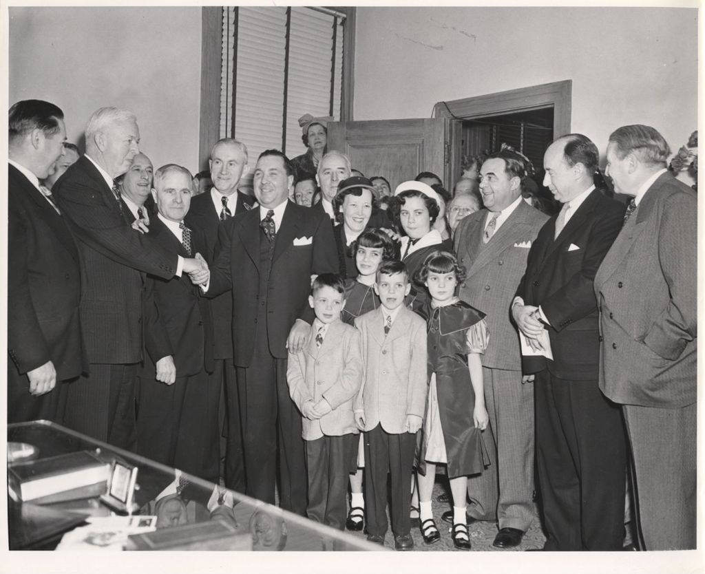 Miniature of Martin Kennelly congratulates Richard J. Daley at County Clerk installation