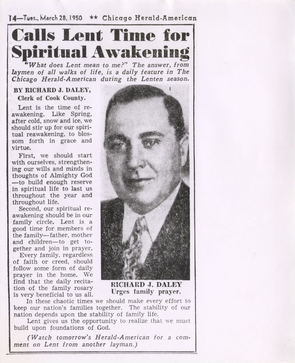 Richard J. Daley Calls Lent Time for Spiritual Awakening