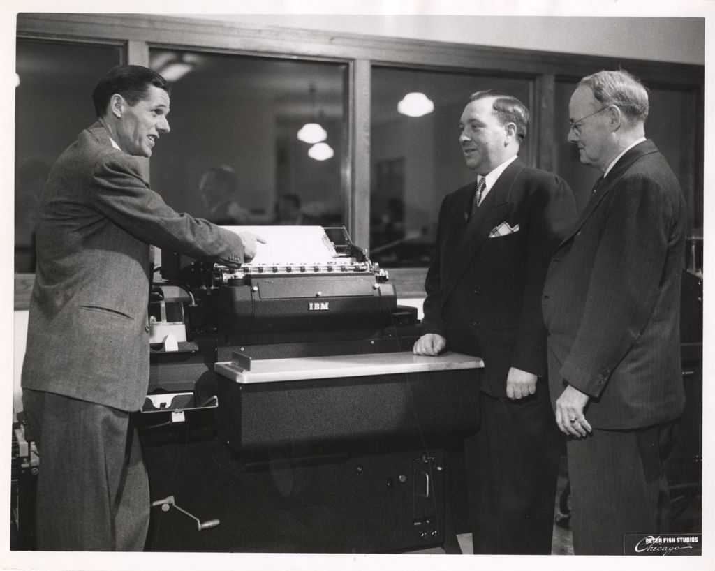 Miniature of Richard J. Daley views a vote tally machine