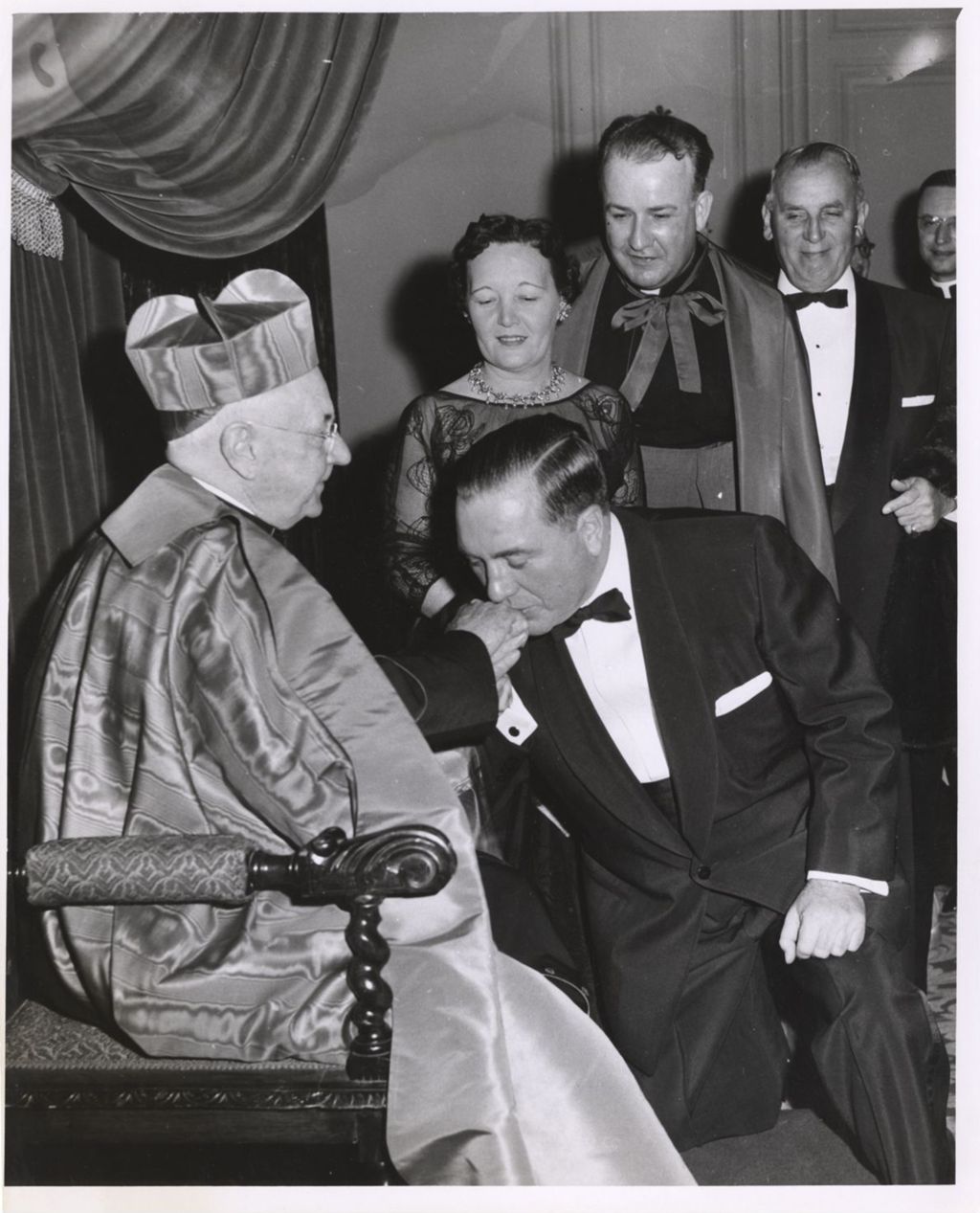 Miniature of Richard J. Daley kisses the ring of Cardinal Stritch