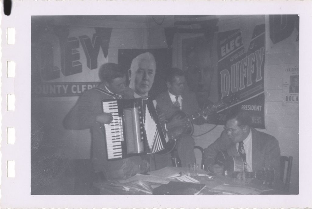 Miniature of Men playing musical instruments at a campaign event
