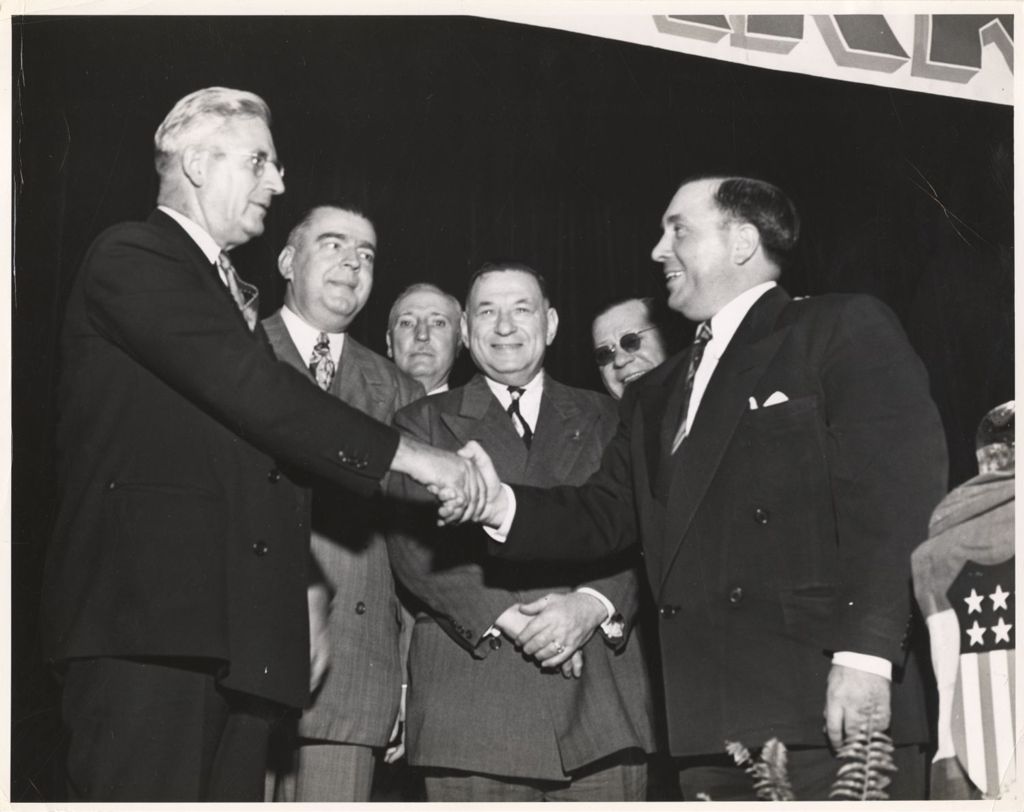 Miniature of Senator Paul Douglas shaking hands with Richard J. Daley