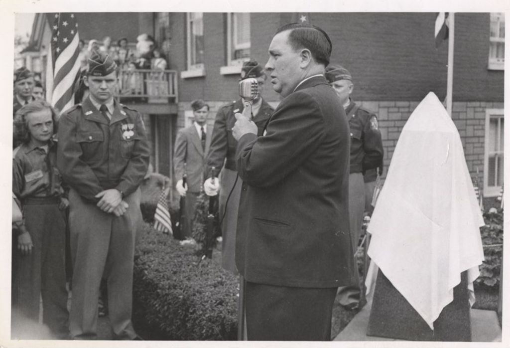 Miniature of Richard J. Daley speaking at a monument unveiling