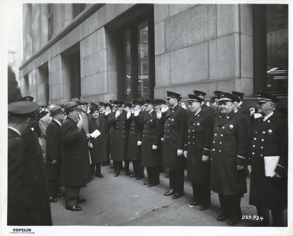 Miniature of Richard J. Daley attending police roll call at City Hall
