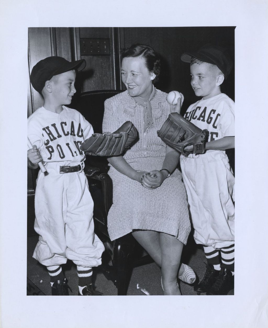 Miniature of Eleanor Daley with her sons in Chicago Police baseball uniforms