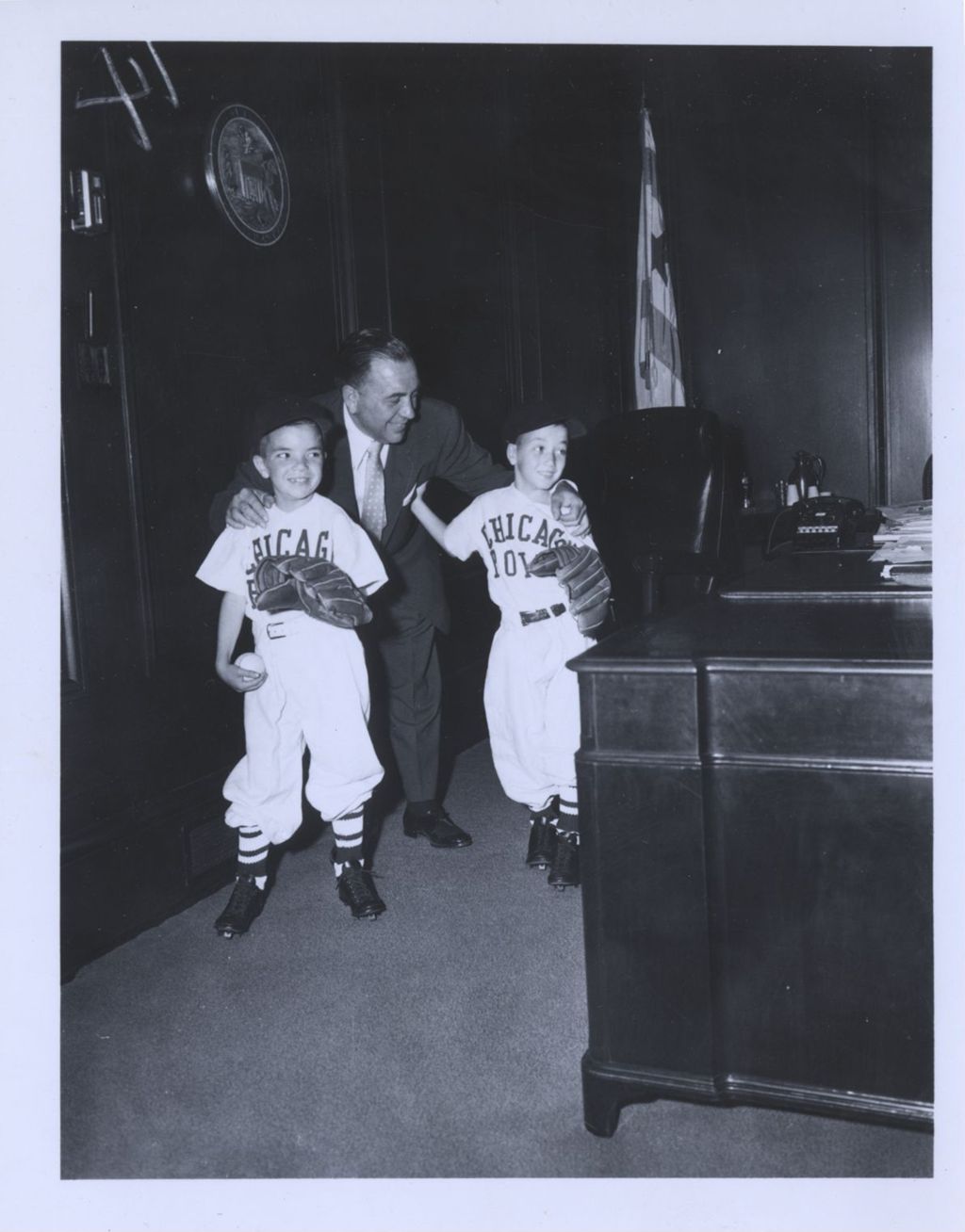 Miniature of Richard J. Daley with his sons in Chicago Police baseball uniforms